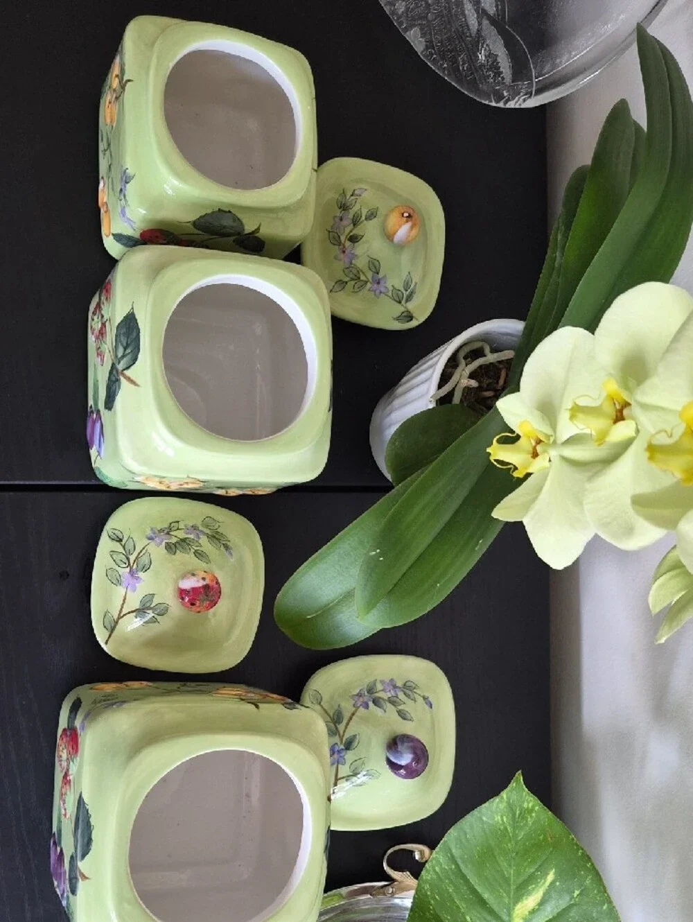 Vintage Hand-Painted Green Fruit Ceramic Canister Set Of 3